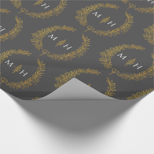 Löv oval monogram ritning guld på mörkgrå presentpapper (Hörn)