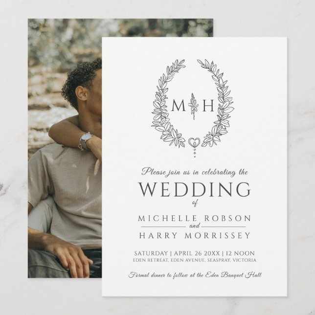 Löv oval utandning bröllop kol grått, vit foto inbjudningar (Fram/baksida)