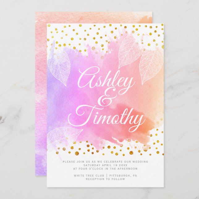 Löv på rosa vattenfärgscalligraphy bröllop inbjudningar (Fram/baksida)