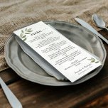 Löv Rustic Sage Grönt Bröllop Meny<br><div class="desc">Menyn bröllop är elegant, rustik och vacker. Den har en grönt som är utformad med vidsträckta, färgade vattenfärgade löv. Titeln är skriven i "lacy script calligraphy" och det finns utrymme för namn av paret och bröllop-datumet nedan. Den här menyn är enkel, modern och klassande. Den kommer säkert att lägga till...</div>