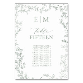 Löv Sage Grönt Elegant Monogram Bord Card Bordsnummer