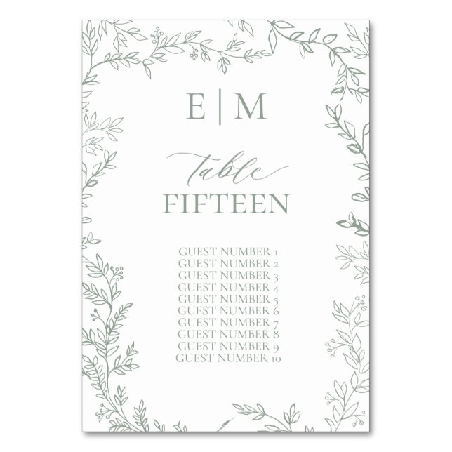 Löv Sage Grönt Elegant Monogram Bord Card Bordsnummer (Framsidan)