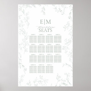 Löv Sage Grönt Elegant Monogram Bröllop Sittplatse Poster