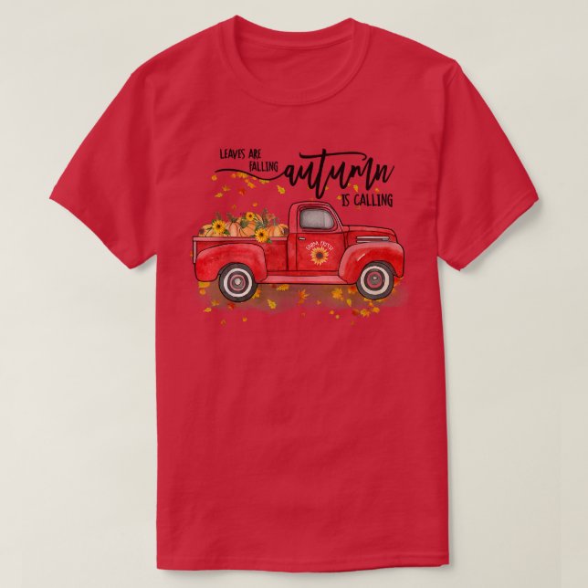 Löv sjunker hösten, hösten röd t shirt (Design framsida)