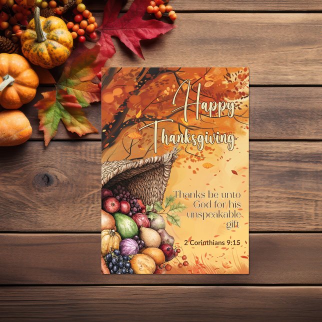 Löv Storm 2 Corinthians 9:15 Happy thanksgiving Kort (Leaf storm harvest Bible verse Thanksgiving Card)