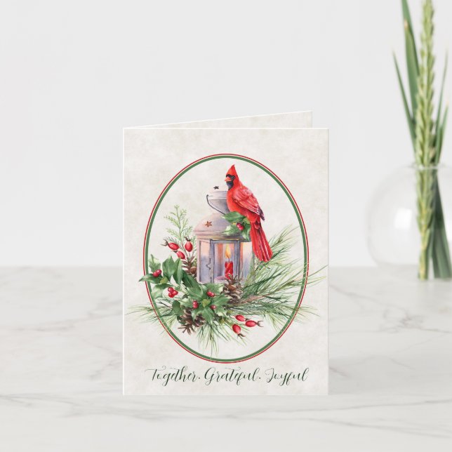 Lova lanternor med holly och kardinal jul helgkort (Framsida)