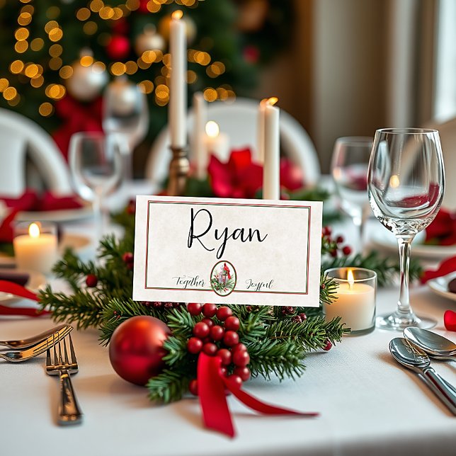 Lova lanternor med holly och kardinal jul placeringskort (Skapare uppladdad)