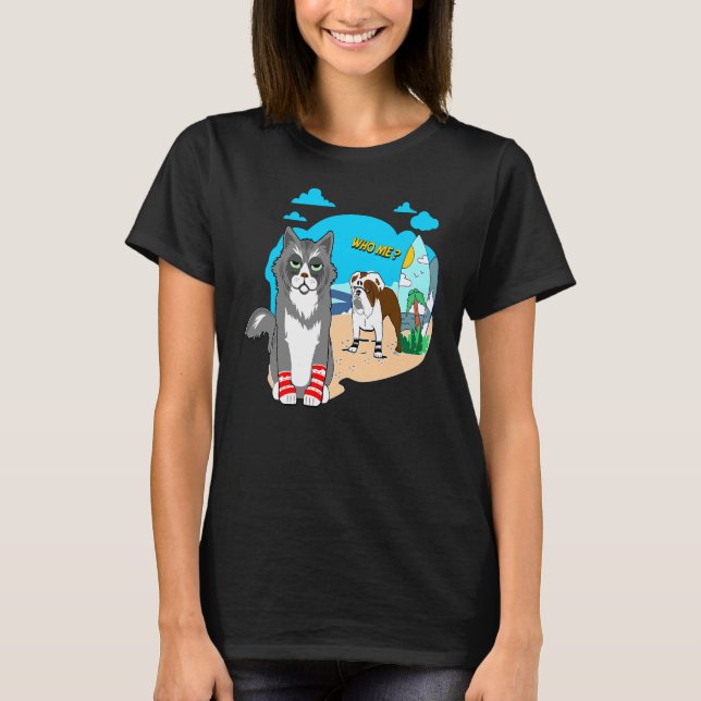 Lovable Bull Dog Scrappy Cat T Shirt Surfs Up (Framsida)