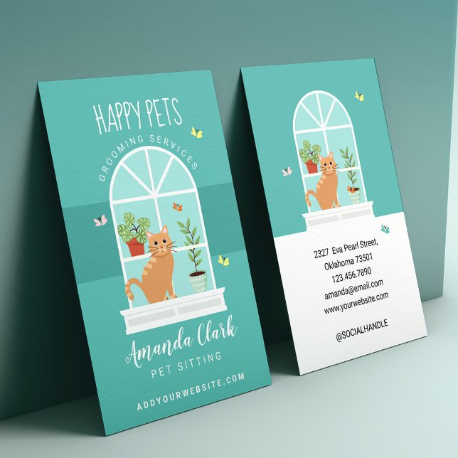 Lovable Lycklig Cat på Window Sill Pet Sitta Visitkort (Loveable Happy Cat on Window Sill Pet Sitting Business Card)