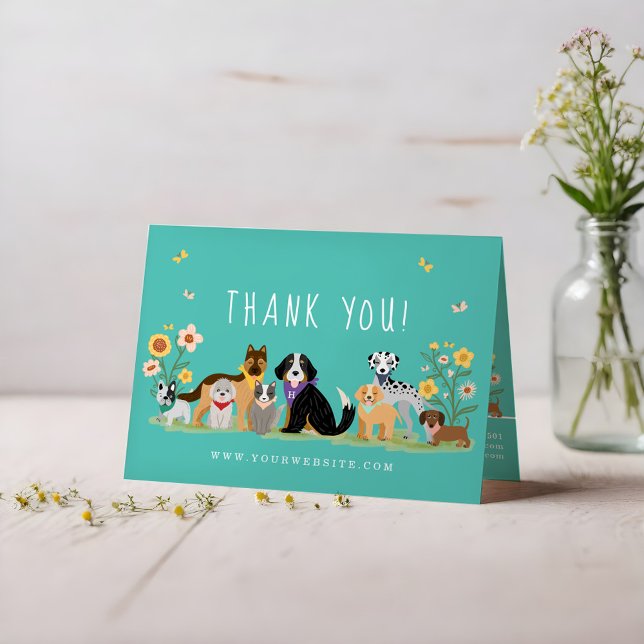 Lovable Lycklig Pet Family Djuromsorg, Grooming Te Tack Kort (Lovable Happy Pet Family Pet Care, Grooming Teal Thank You Card)