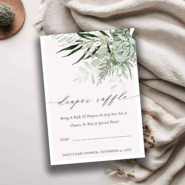 Lövad ormbunks-succulent blöja lotteri baby shower tilläggskort (Skapare uppladdad)