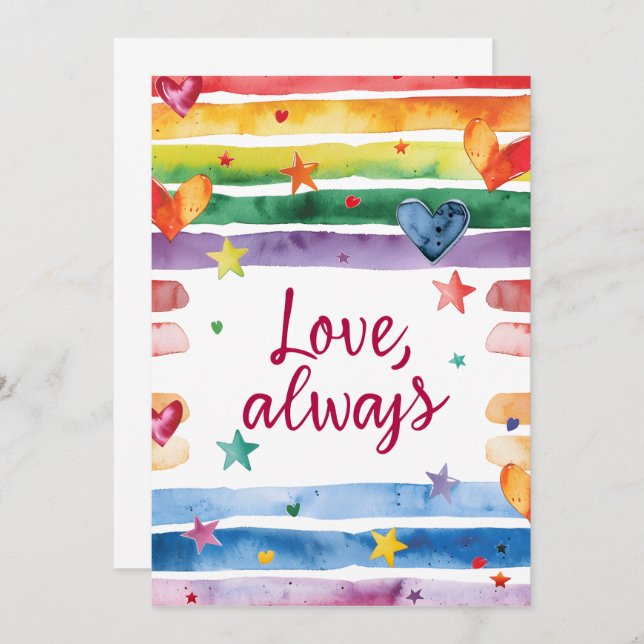 Love Always Rainbow Sticker, Watercolor Heart Inbjudningar (Fram/baksida)