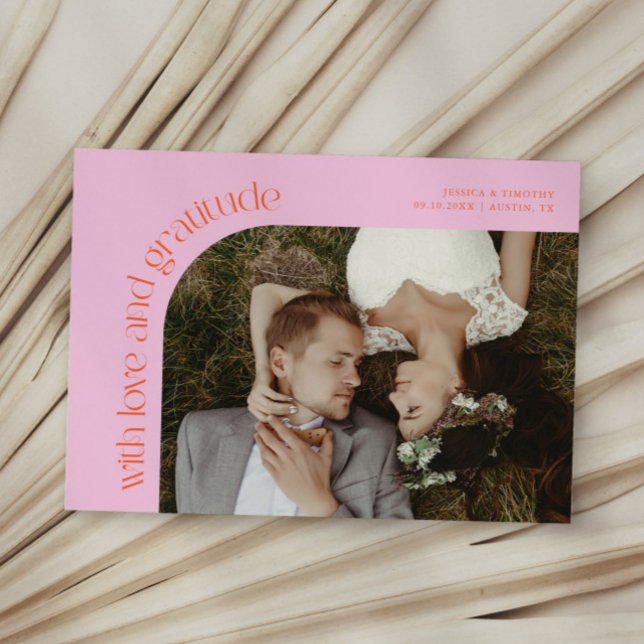 Love and Gratitude Orange Pink Wedding Photo Tack Kort (Skapare uppladdad)