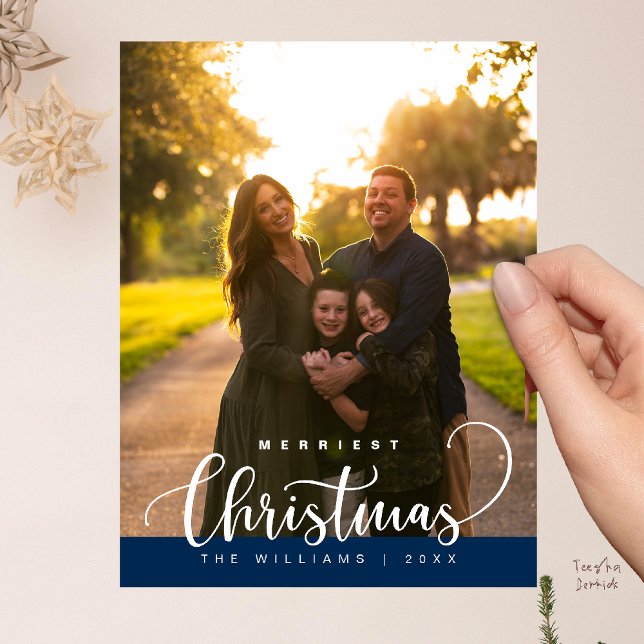 Love and Joy, Merry Christmas Family Photo Vykort (Love and Joy, Merry Christmas Family Photo Modern Cute Typography Postcard in Navy Blue)