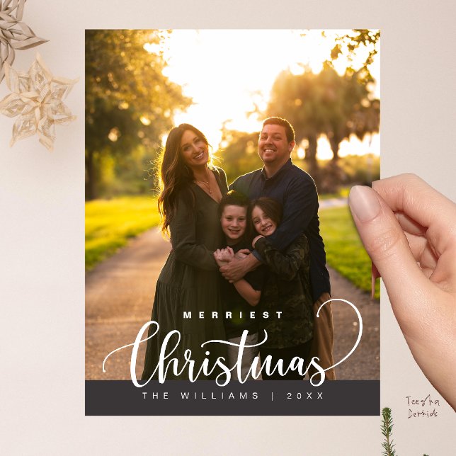 Love and Joy, Merry Christmas Family Photo Vykort (Love and Joy, Merry Christmas Family Photo Modern Cute Typography Postcard in Charcoal Grey)