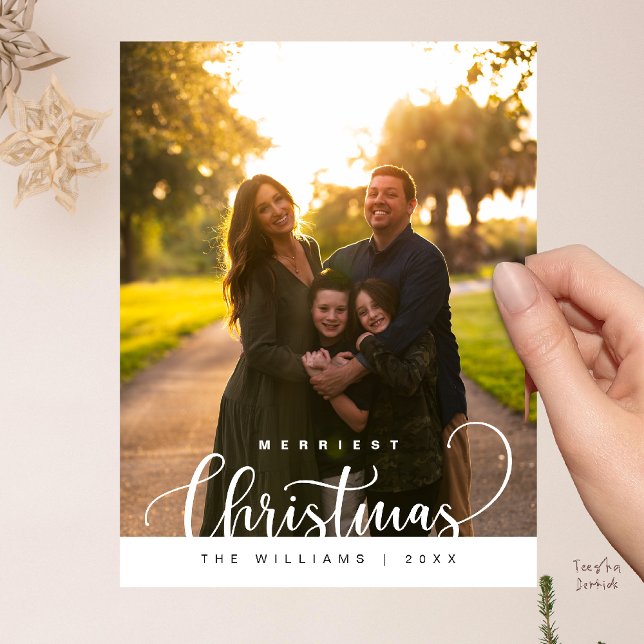 Love and Joy, Merry Christmas Family Photo Vykort (Love and Joy, Merry Christmas Family Photo Modern Cute Typography Postcard)