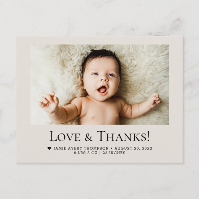 Love and Thanks Baby Photo Birth Stats Soft Beige Vykort (Framsida)
