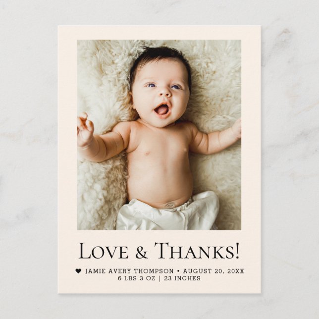 Love and Thanks Beige Baby Photo Birth Vykort (Framsida)