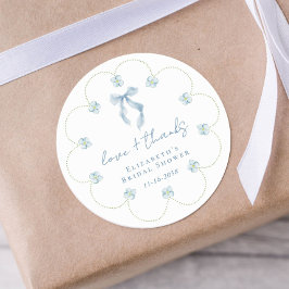 Love And Thanks Blue Bow Bridal Shower Thank You Runt Klistermärke