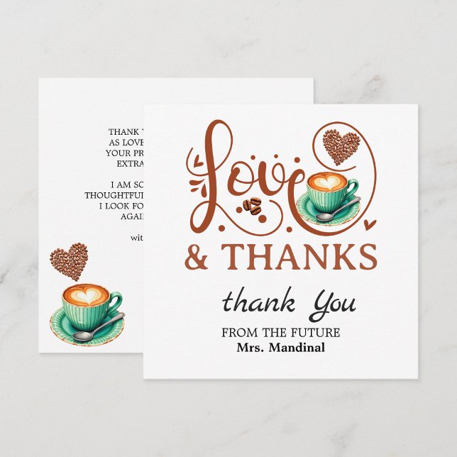 Love and Thanks Bridal Shower Wedding Coffee Theme Tack Kort (love and thanks thank you elegant script calligraphy modern script typography heart message coffee)