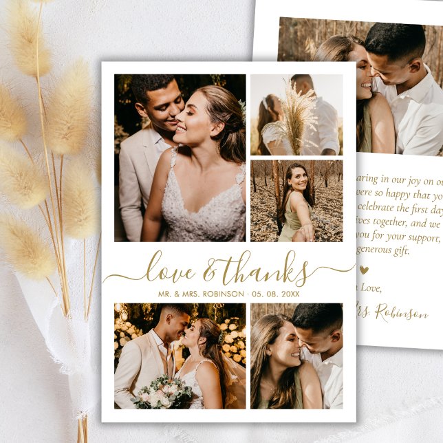 Love and Thanks Gold Script Photo Collage Wedding Tack Kort (Skapare uppladdad)