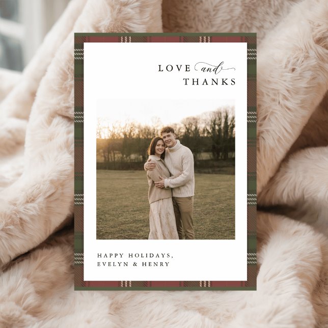 Love and Thanks | Newlywed Plaid Christmas Photo Tack Kort (Skapare uppladdad)