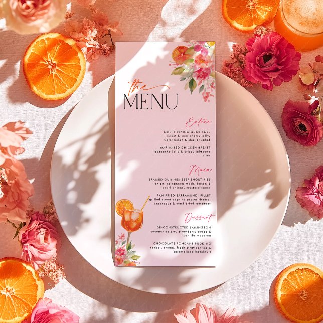 Love at First Spritz Citrus Bridal Shower Menu Meny (First Spritz Bridal Shower Menu in bright florals and with aperol spritz cocktail)