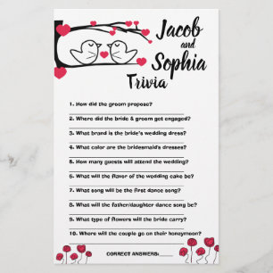 LOVE BIRD BRIDE & GROOM TRIVIA SHOWER GAME CARD FLYGBLAD