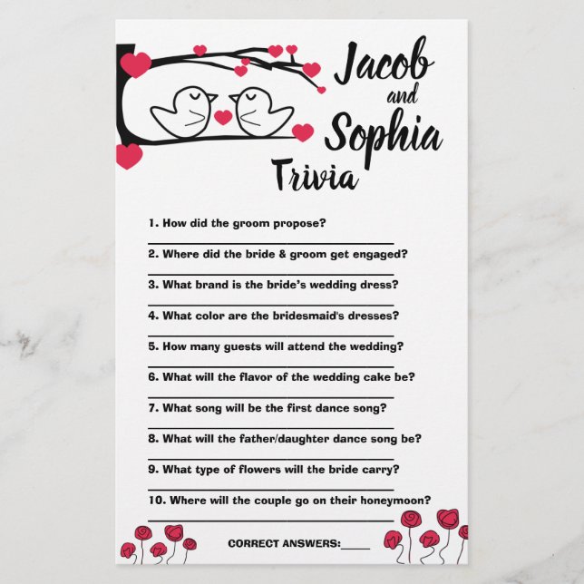 LOVE BIRD BRIDE & GROOM TRIVIA SHOWER GAME CARD FLYGBLAD (Framsidan)