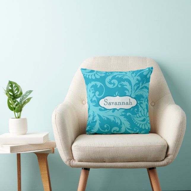 Love Bird Damask Bright Aqua Personlig Kudde (Stol)