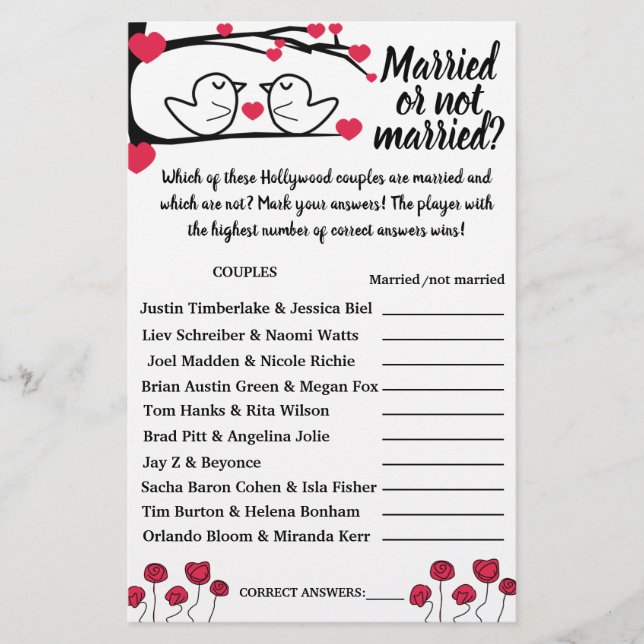 LOVE BIRD MARRIED ELLER NOT MARRIED SHOWER GAME CA FLYGBLAD (Framsidan)