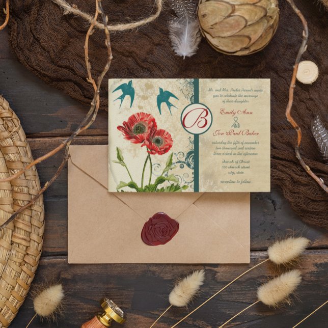Love Bird Red Teal Snöre Damask Poppy Bröllop Inbjudningar (Skapare uppladdad)