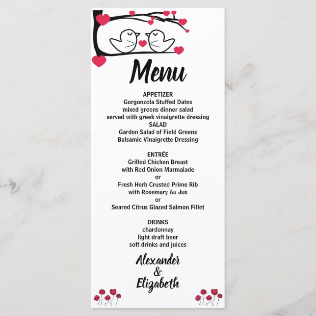 Love Bird Wedding Reception Menu Meny (Framsida)