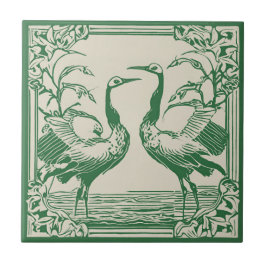 Love birds 2 Cranes Grönt Art Deco Art nouveau Kakelplatta