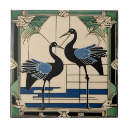 Love birds 2 Cranes Grönt Art Deco Art nouveau Kakelplatta