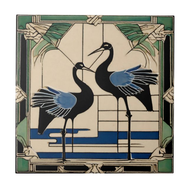 Love birds 2 Cranes Grönt Art Deco Art nouveau Kakelplatta (Framsidan)