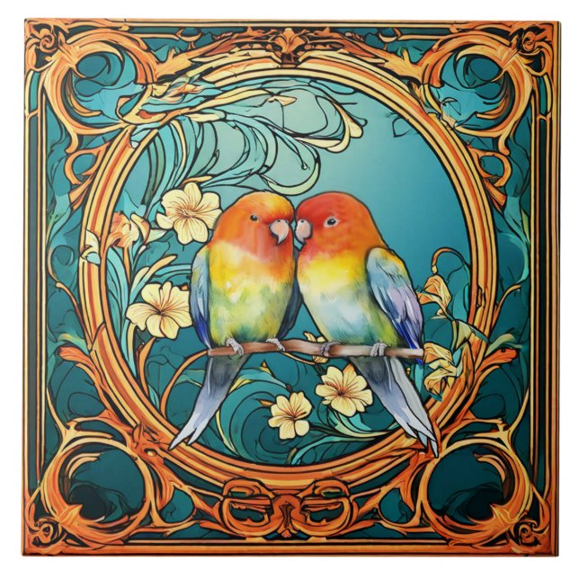 Love birds Art Deco Nouveau Kakelplatta (Framsidan)
