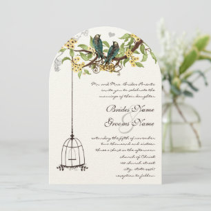 Love birds Birdcage Gult & Teal Blooming Träd Inbjudningar
