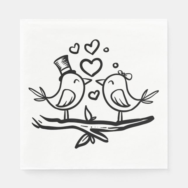 Love birds Black White Bröllop Lovebird Pappersservett (Framsidan)