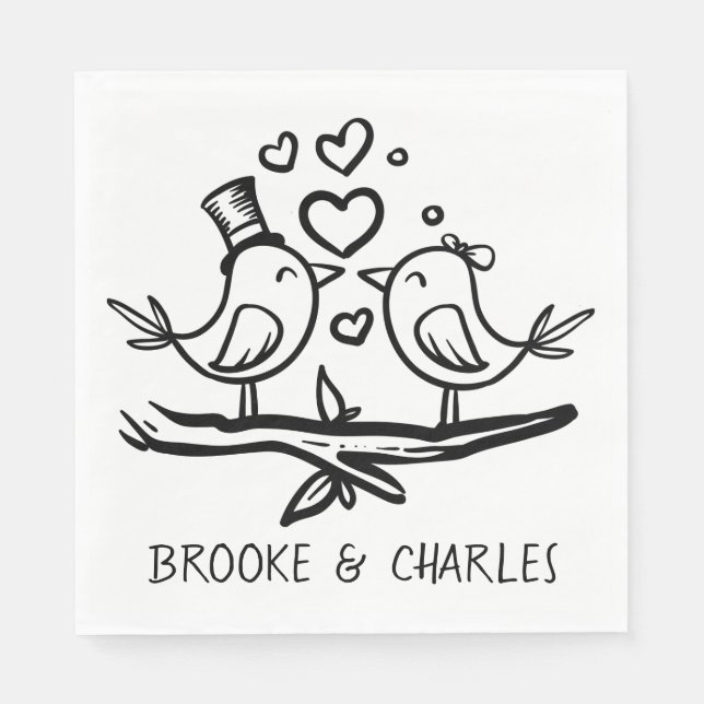 Love birds Black White Bröllop Lovebird Pappersservett (Framsidan)