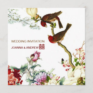 Love birds, blomningsblommor kinesiska Bröllop © Inbjudningar