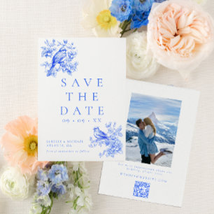 Love birds Blue Chinoiserie QR-kod Foto Bröllop Spara Datumet