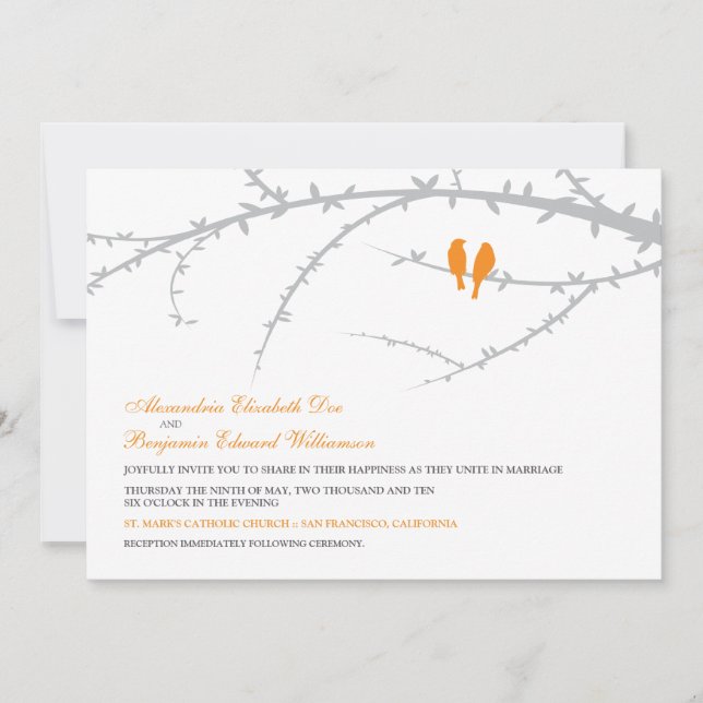 Love birds bröllopsinbjudan (orange) inbjudningar (Framsida)