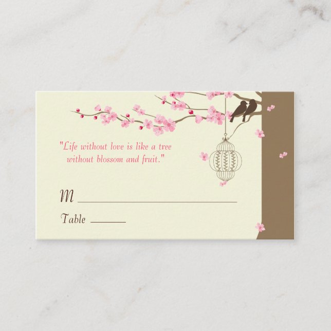 Love birds Cherry Blommar Namn Cards Placeringskort (Framsida)