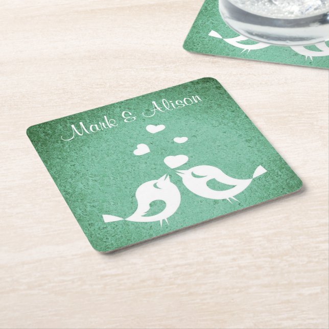 Love Birds Elegant Green Personalised Underlägg Papper Kvadrat (Vinklad)