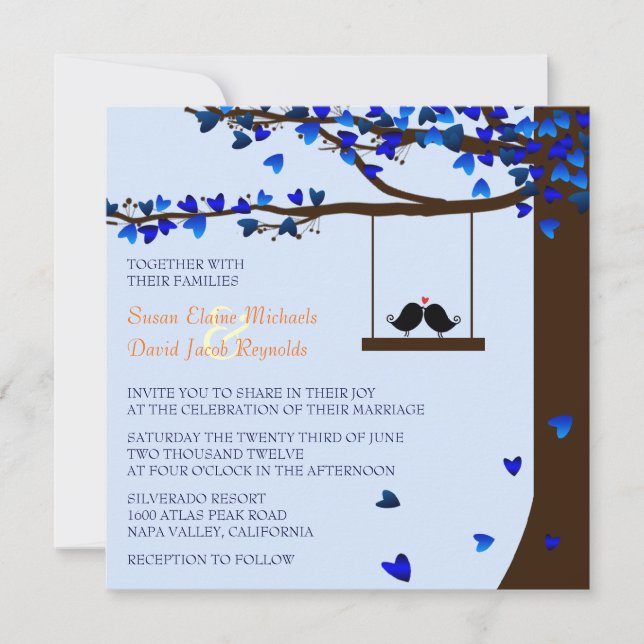 Love birds fläktande örter Oak Träd Blue Inbjudningar (Framsida)