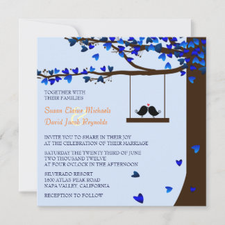 Love birds fläktande örter Oak Träd Blue Inbjudningar