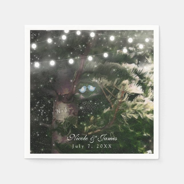 Love birds + Gräs Träd nattsbröllopsmottagning Pappersservett (Framsidan)