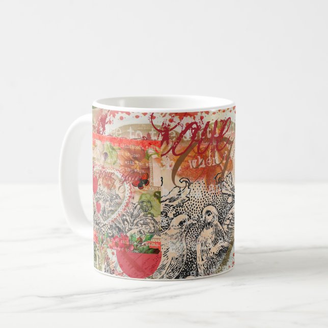 Love birds Heart Red Art Collage Kaffemugg (Framsida vänster)