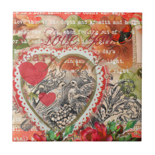 Love birds Heart Red Art Collage Kakelplatta